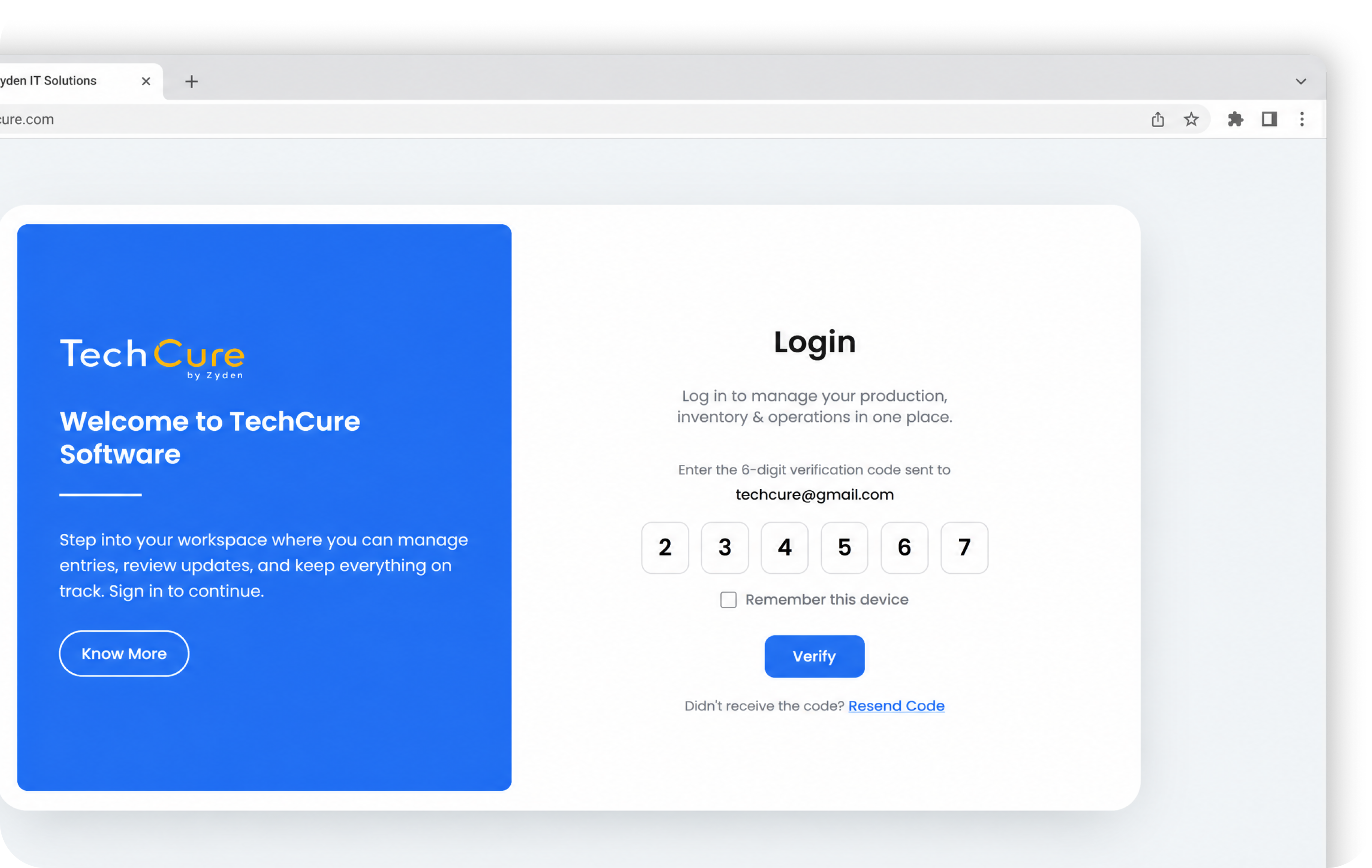 TechCure ERP — sign-in screen