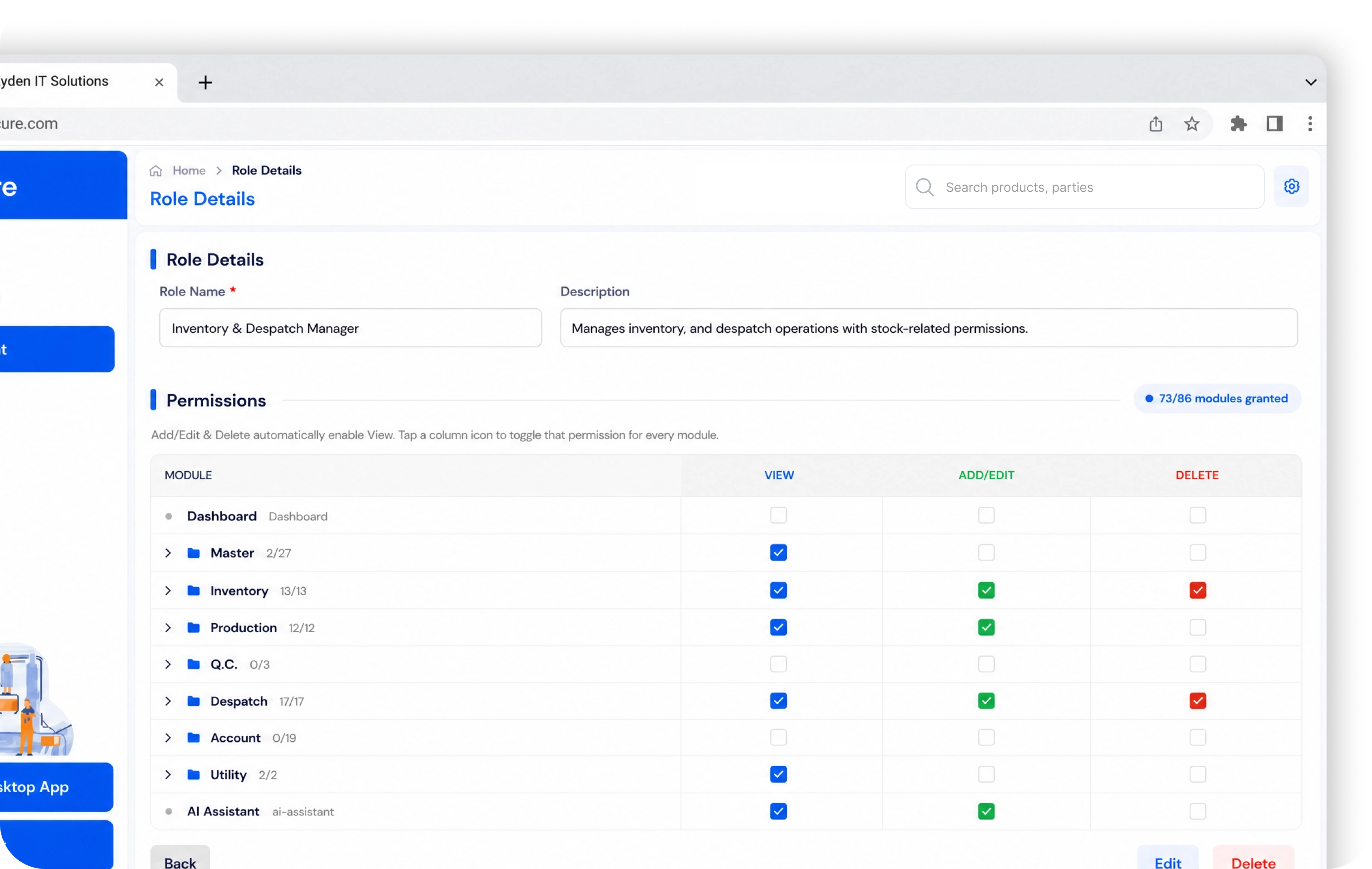 TechCure ERP — role permissions screen, with view, add/edit and delete set per module